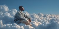 Young African American man in cozy sweater sitting peacefully on fluffy white clouds against bright blue sky, dreaming and contemplating life goals.
