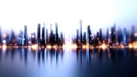 Modern cityscape reflection on water surface with glowing lights and skyscrapers creating abstract mirror effect in blue and orange tones during twilight hours.