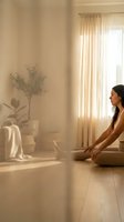 Young woman practicing meditation in serene living room with warm sunlight streaming through curtains creating peaceful atmosphere for mindfulness and relaxation.