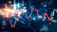 Financial market data visualization with red and blue candlestick chart overlay on digital code background showing stock price movements and trading analysis.