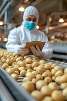 Quality control specialist in protective workwear inspecting fresh potatoes on industrial food processing line. Focus on raw produce with worker checking standards.