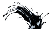 Black liquid splash with dynamic droplets and flowing motion isolated on white background for creative design projects.