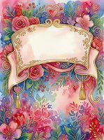Ornate floral frame with roses, hearts, and decorative scrollwork on colorful watercolor background. Isolated design element ready for greeting cards, invitations, posters, and digital projects.