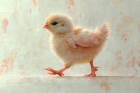 Adorable peach-colored baby chick walking on light background with soft watercolor texture. Fluffy feathers and orange legs create charming spring farm scene.