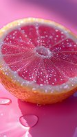 Fresh grapefruit half with water droplets on vibrant pink background, macro shot showing juicy pulp texture and citrus segments in bright natural light.