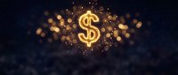 Golden dollar sign glowing with sparkling lights and bokeh effects on dark background for finance and wealth concepts.