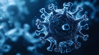 Microscopic view of virus cell structure in blue tones showing detailed spike proteins and molecular surface features against dark background for medical research visualization.