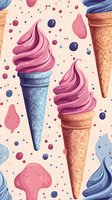 Playful seamless pattern featuring soft serve ice cream cones in pink and blue swirls with waffle cones, floating berries and abstract shapes on pale pink background.