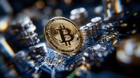 Golden cryptocurrency coin on computer circuit board with bokeh light effects, representing digital finance and blockchain technology.