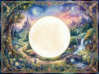 Fantasy landscape frame with castle, mountains, waterfall and magical moon for storytelling, fairy tale books, children literature and enchanted designs.