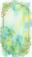 Watercolor background with gold leaf frame and botanical corner elements, soft green and blue wash, isolated on white for invitations, greeting cards, and design projects.