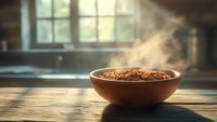 Steaming bowl of freshly cooked quinoa on rustic wooden table near window, morning sunlight creating atmospheric mood with visible steam rising.