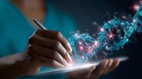Medical professional using digital tablet with glowing DNA helix hologram emerging from screen, representing healthcare technology and genetic research advancement.