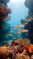 School of reef sharks swimming through vibrant coral canyon with colorful marine life and tropical fish in crystal clear blue water.