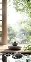 Zen stones stacked on wooden windowsill with soft natural light, green leaves and bokeh background creating peaceful spa atmosphere for wellness and meditation.