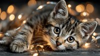 Adorable tabby kitten with blue eyes lying among warm golden Christmas lights creating magical bokeh background for holiday greeting cards.