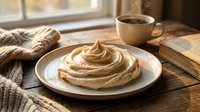 Cinnamon roll with caramel frosting on white plate next to coffee cup, cozy morning breakfast scene with natural window light for food photography and culinary content.