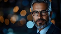 Professional mature businessman with glasses and beard against bokeh lights background for corporate presentations and executive marketing materials.