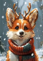 Smiling fox wearing reindeer antlers and cozy winter scarf amid falling snow, with expressive eyes and fluffy orange fur creating festive holiday mood.