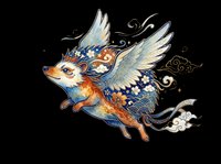 Flying fox creature with wings, floral and wave patterns in blue, gold, and orange, isolated on transparent background, ready for t-shirt, sticker, and print on demand use.