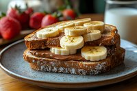 French toast topped with fresh banana slices and honey drizzle served on ceramic plate with strawberries and milk glass for healthy breakfast meal.