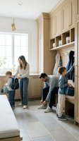 Family getting ready in mudroom with wooden cabinetry and storage cubbies, mother helping children put on backpacks and shoes for school or outdoor activities.