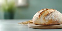 Fresh baked crusty artisan sourdough bread loaf on wooden cutting board with wheat ears against blurred kitchen background, selective focus.