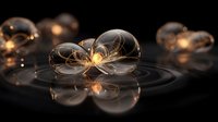 Abstract golden bubbles with glowing light core floating on reflective dark surface creating ripple effect. Elegant digital art composition.