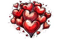 Red and pink heart shapes in sketch style composition with shading effects and small floating hearts create romantic Valentine's Day design on white background.