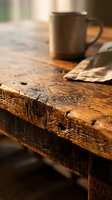 Rustic wooden table surface with natural grain and weathered texture, coffee mug and newspaper in soft morning light creating cozy atmosphere.
