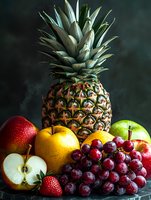 Fresh tropical fruits arrangement with pineapple, red and yellow apples, grapes and strawberry on dark background with dramatic lighting and moody atmosphere.