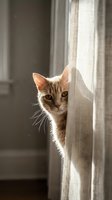 Curious ginger tabby cat peeking around sheer curtain by window with natural sunlight, domestic pet indoors looking at camera with alert expression and whiskers visible.