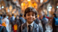Young South Asian boy in school uniform with backpack smiling at camera on busy city street with blurred bokeh lights and crowd in background. Concept of education and childhood.
