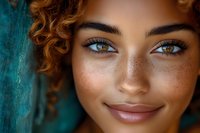 Close up portrait of young African American woman with natural freckles, curly ginger hair and amber eyes smiling against turquoise background.
