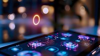Professional DJ mixer controller with illuminated buttons and faders in nightclub setting, glowing neon lights and bokeh effects create atmospheric club ambiance.
