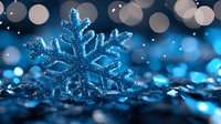 Blue glittery snowflake decoration with sparkling bokeh lights background for winter holidays and Christmas celebrations.