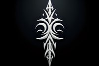 Ornate silver cross design with tribal elements and curved motifs on dark background, featuring symmetrical patterns and sharp angular details. Suitable for tattoo art.