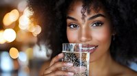 Young African American woman with natural curly hair smiling while holding glass of sparkling drink against blurred bokeh lights background.