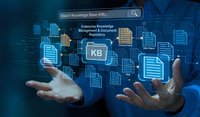 Business professional managing digital knowledge base with floating document icons and search interface for enterprise data management solutions.