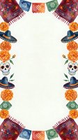 Watercolor Day of the Dead border frame with sugar skulls, marigolds, sombreros, and papel picado on white background for festive design.
