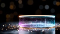 Glowing neon ring with cosmic galaxy effect on dark background with bokeh lights and sparkles, futuristic technological concept for digital art designs.