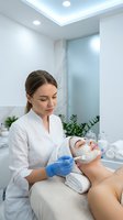 Professional cosmetologist applying facial mask treatment to young woman client in modern spa clinic with white interior and natural lighting.