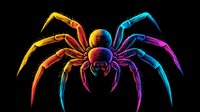 Vibrant neon spider with glowing rainbow colors on black background for Halloween decorations, horror themes, and spooky digital art projects.