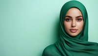 Young woman wearing emerald green hijab against mint colored background, with natural makeup and confident expression, representing modern modest fashion.
