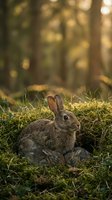 Wild cottontail rabbit sitting on mossy forest floor with warm golden sunlight filtering through trees creating natural bokeh background.