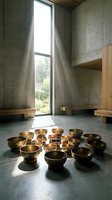 Minimalist meditation space with golden singing bowls arranged on concrete floor, tall window with natural light, raw concrete walls, wooden benches, and zen atmosphere for wellness and spiritual practices.