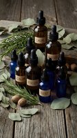 Natural essential oil bottles with herbal ingredients on rustic wooden background for aromatherapy wellness and holistic health treatments.