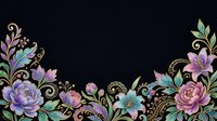 Elegant floral border on black background with colorful purple, pink, and teal flowers, golden swirls, and ornate botanical details for luxury design.