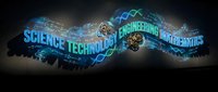 Digital DNA helix with glowing science technology engineering mathematics text on dark background for STEM education and innovation concepts.