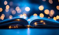 Open book with pages fanned out against dark background with magical golden and blue bokeh lights creating dreamy atmospheric mood for reading and literature concept.